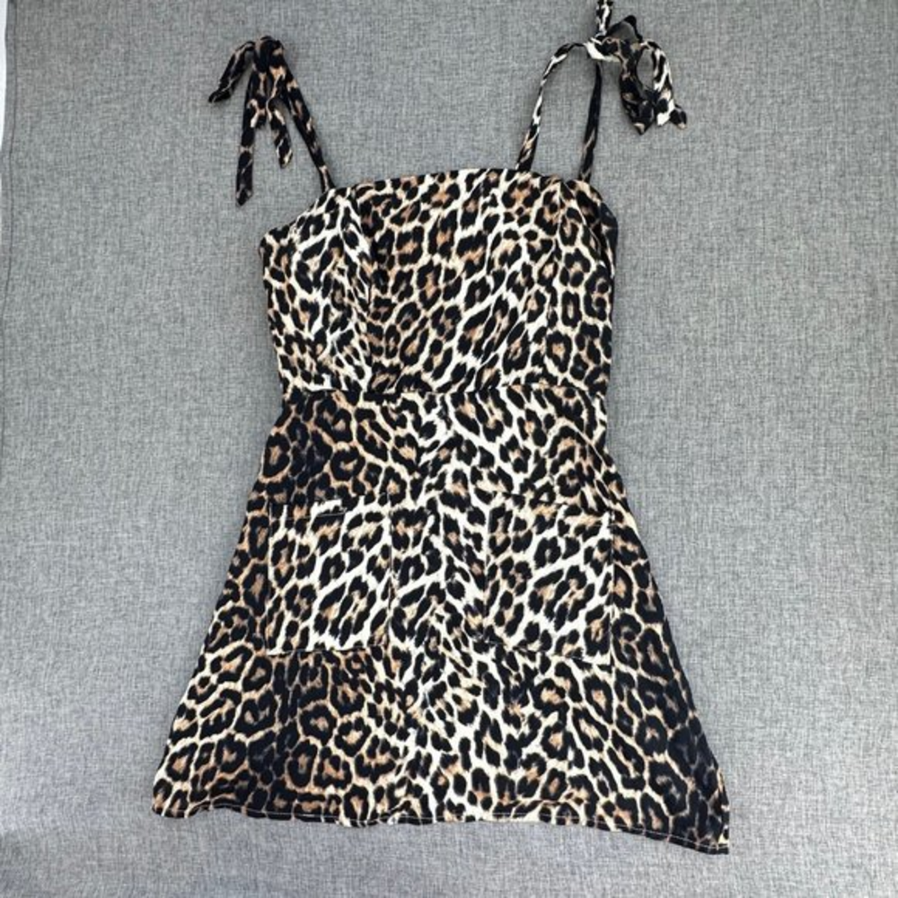 Tobi Leopard Mini Dress Tie Straps‎ Black Tan Small Lined Lightweight Soft